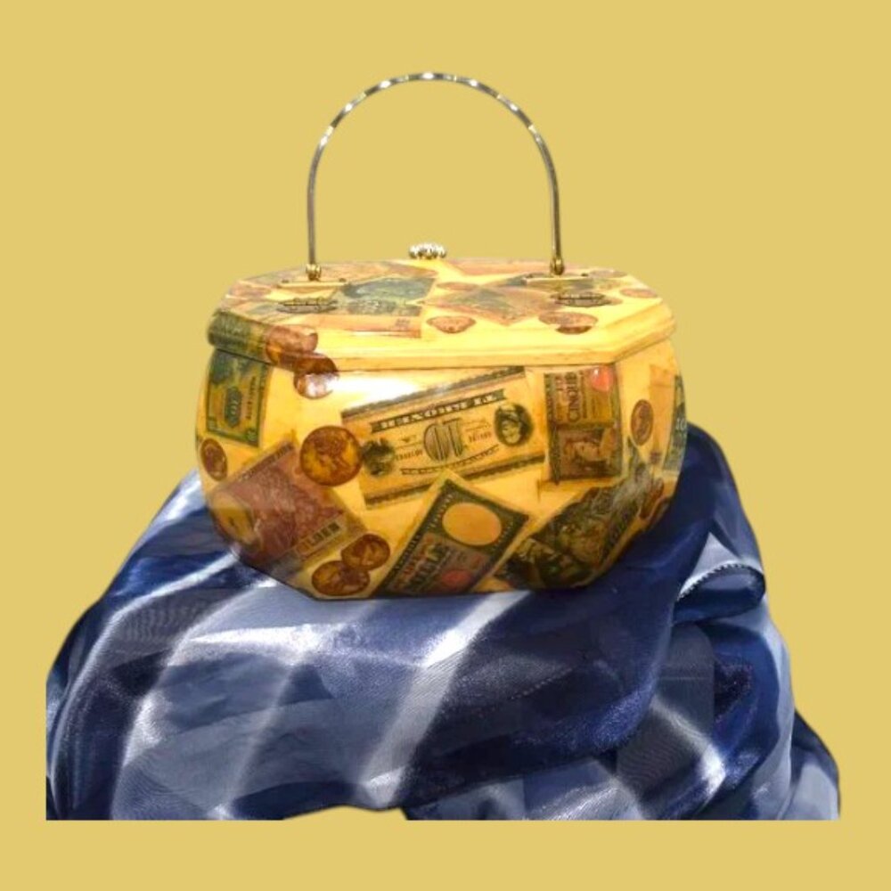 Vintage Mid-Century Decoupage Wood Box Handbag Old Money
